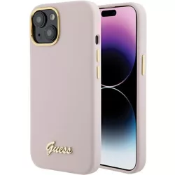   Guess GUHCP15SSMBSLP iPhone 15 6.1" rózsaszín keménytok szilikon írás fém logó és keret
