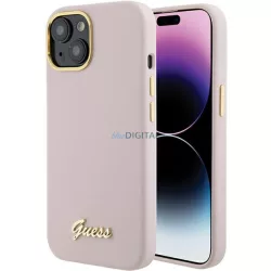   Guess GUHCP15SSMBSLP iPhone 15 6.1" rózsaszín keménytok szilikon írás fém logó és keret