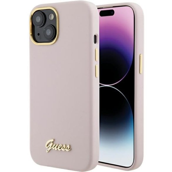 Guess GUHCP15SSMBSLP iPhone 15 / 14 / 13 6.1" rózsaszín keménytok szilikon írás fém logó és keret