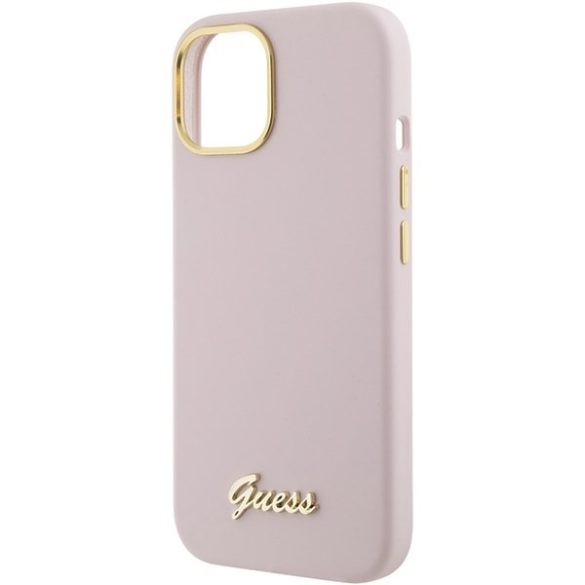 Guess GUHCP15SSMBSLP iPhone 15 / 14 / 13 6.1" rózsaszín keménytok szilikon írás fém logó és keret