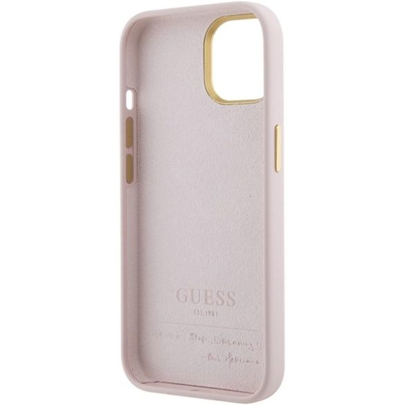 Guess GUHCP15SSMBSLP iPhone 15 / 14 / 13 6.1" rózsaszín keménytok szilikon írás fém logó és keret