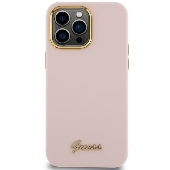 Guess GUHCP15LSMBSLP iPhone 15 Pro 6.1" rózsaszín keménytok szilikon script fém logó és keret