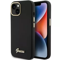   Guess GUHCP15SSMBSLK iPhone 15 6.1" fekete keménytok szilikon írás fém logó és keret