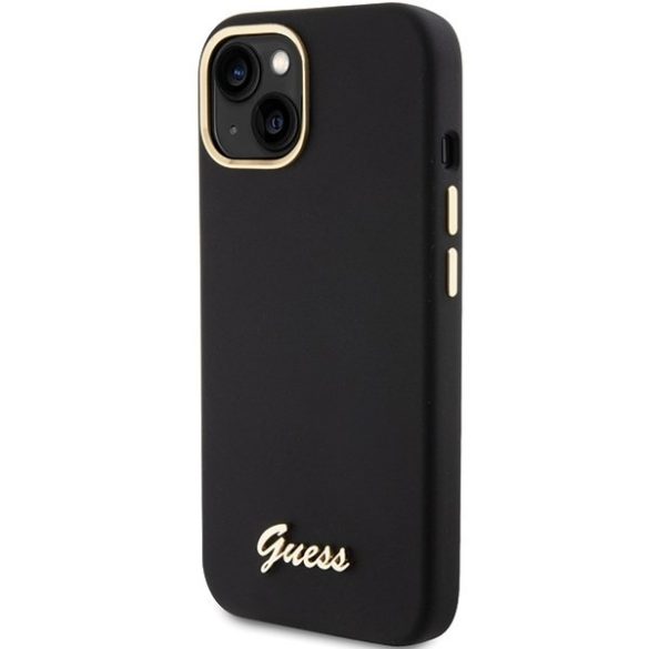 Guess GUHCP15SSMBSLK iPhone 15 / 14 / 13 6.1" fekete keménytok szilikon írás fém logó és keret