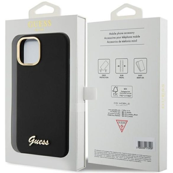 Guess GUHCP15SSMBSLK iPhone 15 / 14 / 13 6.1" fekete keménytok szilikon írás fém logó és keret