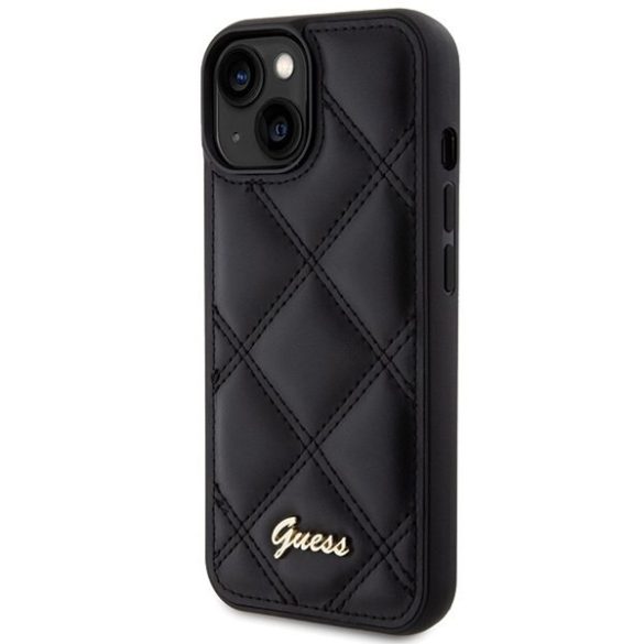 Guess GUHCP15SPSQQSQSK iPhone 15 / 14 / 13 6.1" fekete keménytok steppelt fém logóval