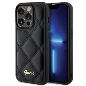 Guess GUHCP15LPSQQSQSK iPhone 15 Pro 6.1" fekete keménytok steppelt fém logóval