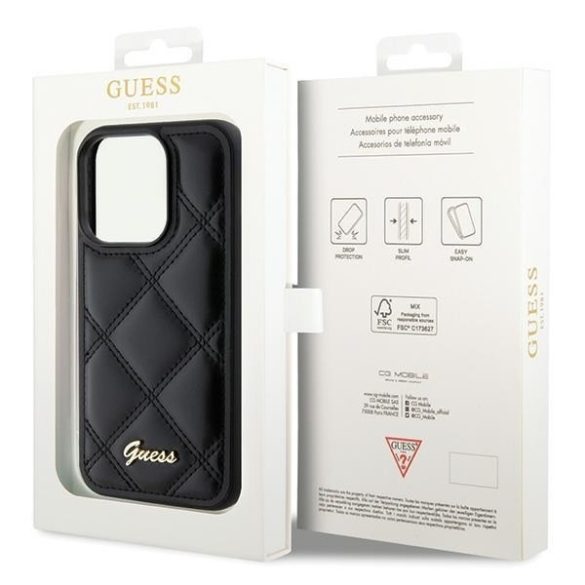 Guess GUHCP15LPSQQSQSK iPhone 15 Pro 6.1" fekete keménytok steppelt fém logóval