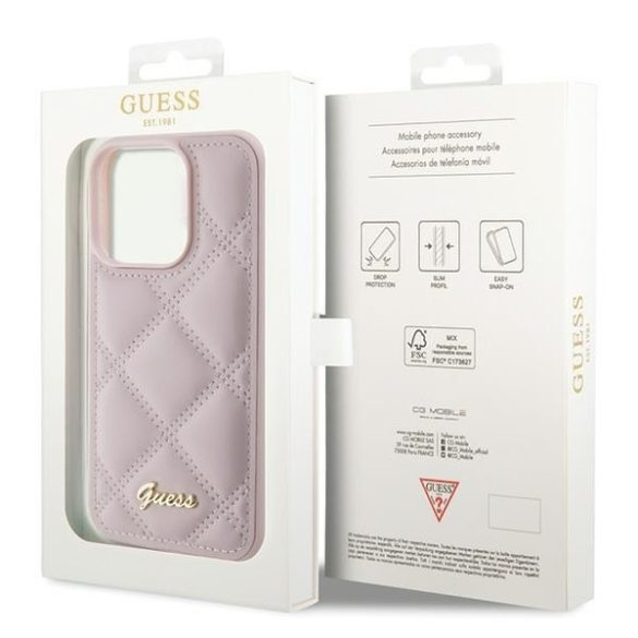 Guess GUHCP15LPSQQSQSP iPhone 15 Pro 6.1" rózsaszín keménytok steppelt fém logóval