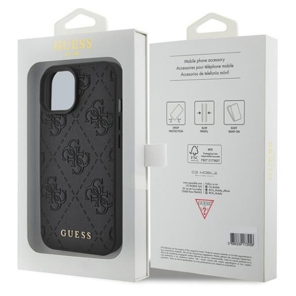 Guess GUHCP15SP4EPMK iPhone 15 6.1" fekete keménytok Bőr 4G bélyegzéssel