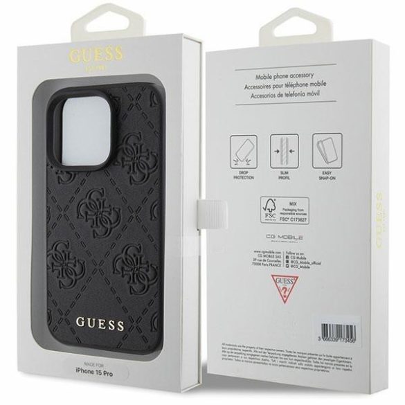 Guess GUHCP15LP4EPMK iPhone 15 Pro 6.1" fekete bőr keménytok 4G bélyegzővel