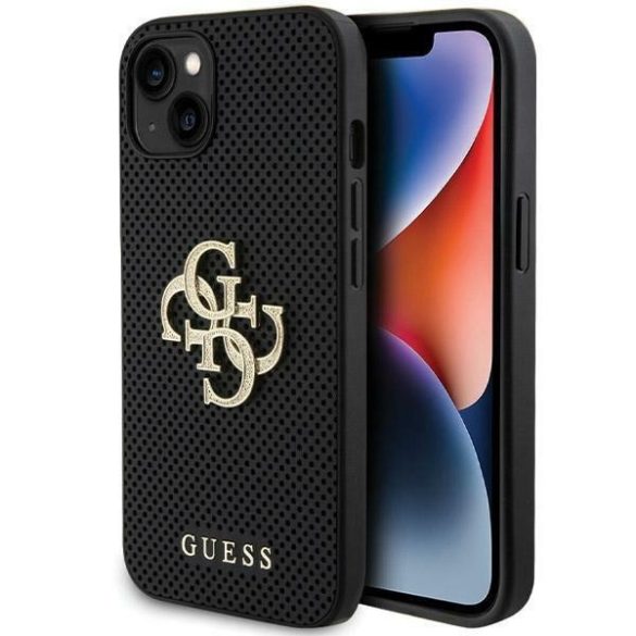 Guess GUHCP15SPSP4LGK iPhone 15 / 14 / 13 6.1" fekete keménytok bőr perforált 4G csillogó logóval