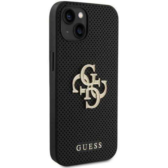 Guess GUHCP15SPSP4LGK iPhone 15 / 14 / 13 6.1" fekete keménytok bőr perforált 4G csillogó logóval