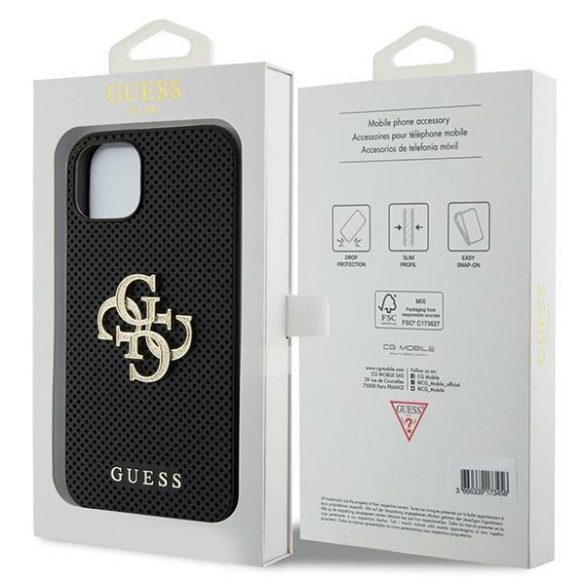 Guess GUHCP15SPSP4LGK iPhone 15 / 14 / 13 6.1" fekete keménytok bőr perforált 4G csillogó logóval