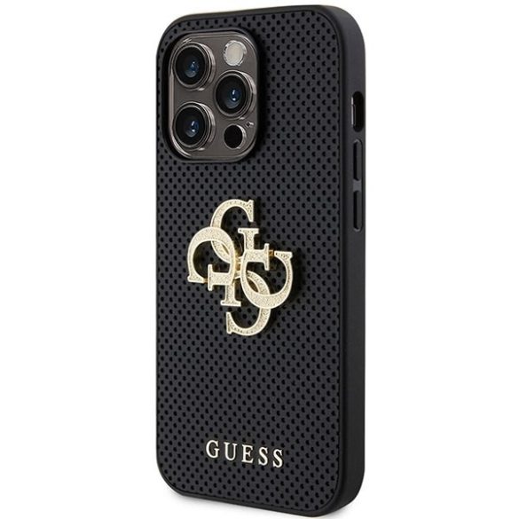 Guess GUHCP15LPSP4LGK iPhone 15 Pro 6.1" fekete bőr keménytok perforált 4G csillogó logóval