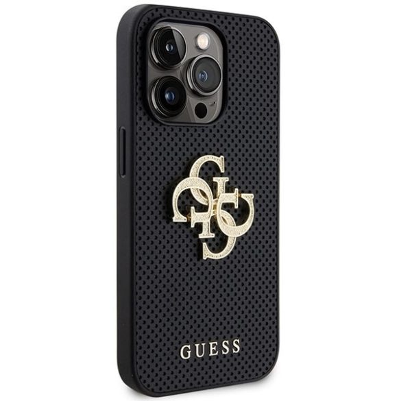 Guess GUHCP15LPSP4LGK iPhone 15 Pro 6.1" fekete bőr keménytok perforált 4G csillogó logóval