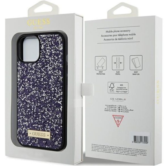 Guess GUHCP15SPFGSBSP iPhone 15 6.1" lila keménytok strasszos fém logó