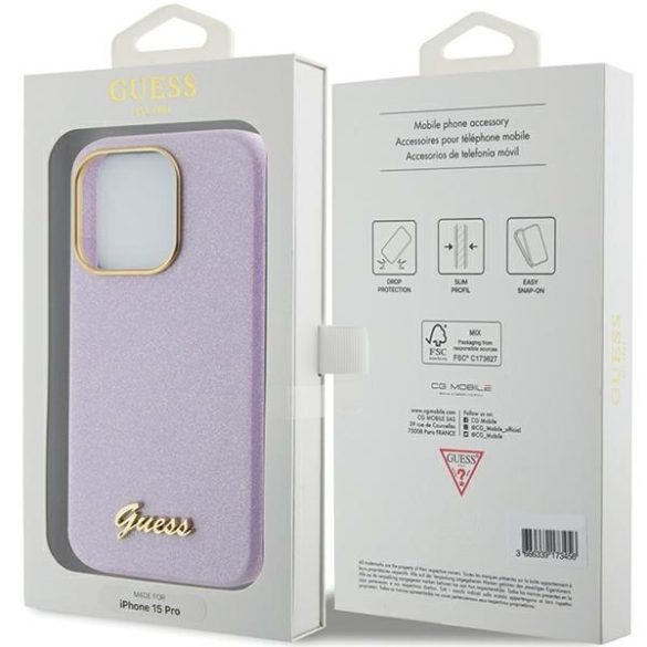 Guess GUHCP15LPGMCSL iPhone 15 Pro 6.1" liliom/lila keménytok Glitter Glossy Script