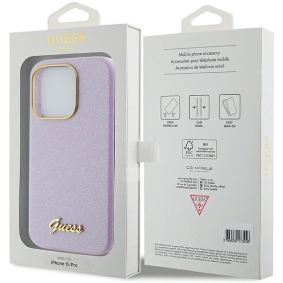 Guess GUHCP15XPGMCSL iPhone 15 Pro Max 6.7" lila keménytok csillogó fényes írás