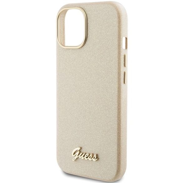 Guess GUHCP15SPGMCSD iPhone 15 / 14 / 13 6.1" világos arany keménytok Glitter Glossy Script