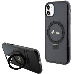 Guess GUHMN61HRSGSK iPhone 11 / Xr 6.1" fekete kemény tok Ring Stand Script Glitter MagSafe