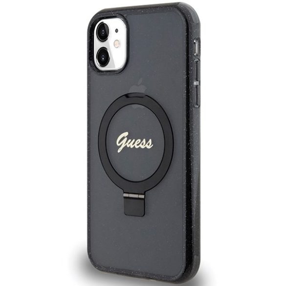 Guess GUHMN61HRSGSK iPhone 11 / Xr 6.1" fekete kemény tok Ring Stand Script Glitter MagSafe