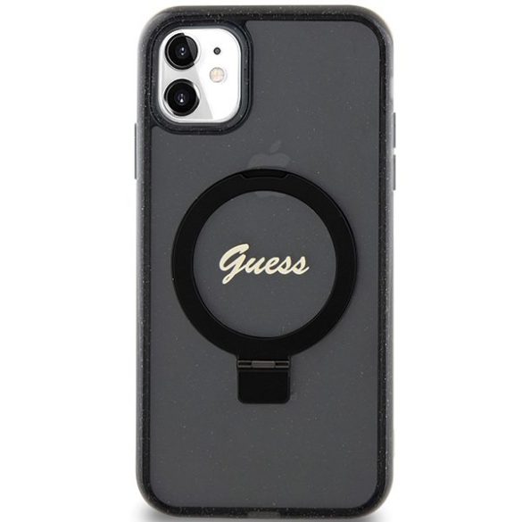 Guess GUHMN61HRSGSK iPhone 11 / Xr 6.1" fekete kemény tok Ring Stand Script Glitter MagSafe