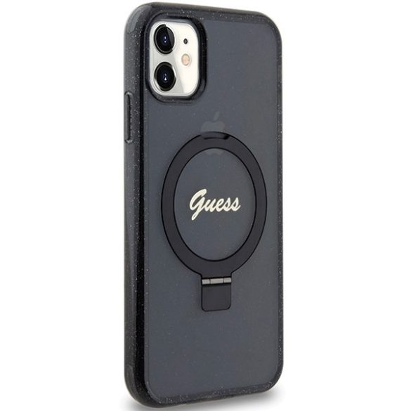 Guess GUHMN61HRSGSK iPhone 11 / Xr 6.1" fekete kemény tok Ring Stand Script Glitter MagSafe