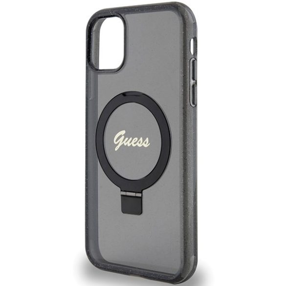 Guess GUHMN61HRSGSK iPhone 11 / Xr 6.1" fekete kemény tok Ring Stand Script Glitter MagSafe