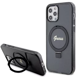   Guess GUHMP12MHRSGSK iPhone 12/12 Pro 6.1" fekete keménytok gyűrűs állvány Script Glitter MagSafe