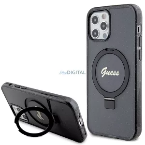 Guess GUHMP12MHRSGSK iPhone 12/12 Pro 6.1" fekete keménytok gyűrűs állvány Script Glitter MagSafe