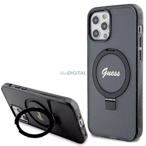 Guess GUHMP12MHRSGSK iPhone 12/12 Pro 6.1" fekete keménytok gyűrűs állvány Script Glitter MagSafe