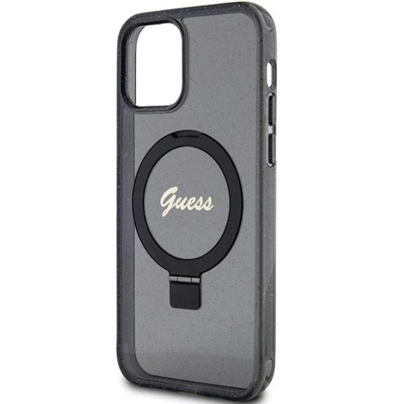 Guess GUHMP12MHRSGSK iPhone 12/12 Pro 6.1" fekete keménytok gyűrűs állvány Script Glitter MagSafe