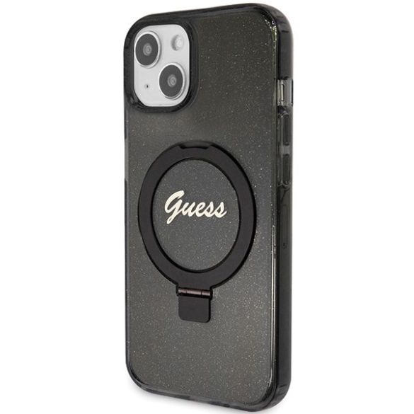 Guess GUHMP13MHRSGSK iPhone 13 / 14 / 15 6.1" fekete kemény tok Ring Stand Script Glitter MagSafe