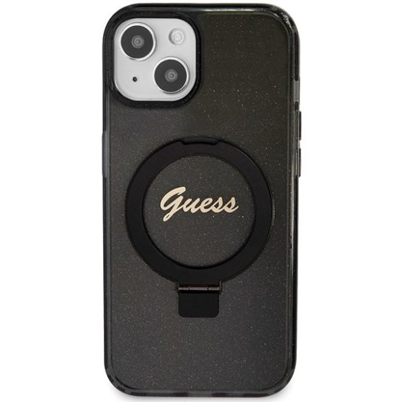 Guess GUHMP13MHRSGSK iPhone 13 / 14 / 15 6.1" fekete kemény tok Ring Stand Script Glitter MagSafe