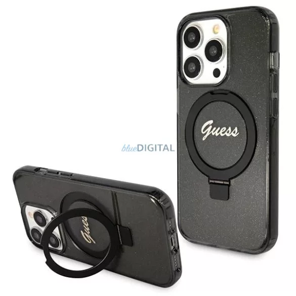 Guess GUHMP13LHRSGSK iPhone 13 Pro / 13 6.1" fekete kemény tok Ring Stand Script Glitter MagSafe