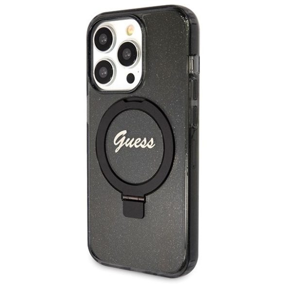 Guess GUHMP14LHRSGSK iPhone 14 Pro 6.1" fekete keménytok gyűrűs állvány Script Glitter MagSafe