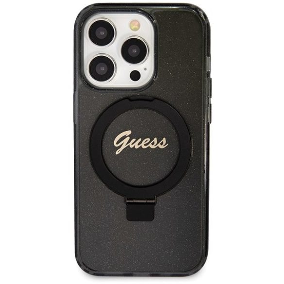 Guess GUHMP14LHRSGSK iPhone 14 Pro 6.1" fekete keménytok gyűrűs állvány Script Glitter MagSafe