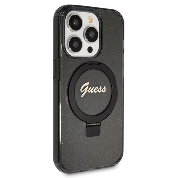 Guess GUHMP14LHRSGSK iPhone 14 Pro 6.1" fekete keménytok gyűrűs állvány Script Glitter MagSafe