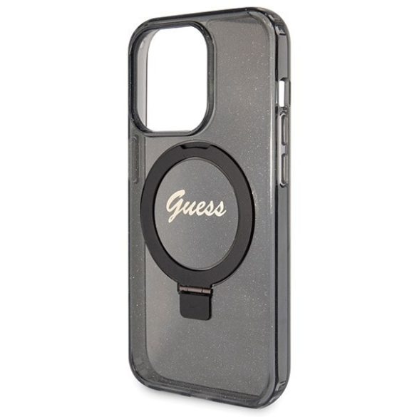 Guess GUHMP14LHRSGSK iPhone 14 Pro 6.1" fekete keménytok gyűrűs állvány Script Glitter MagSafe