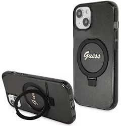   Guess GUHMP15MHRSGSK iPhone 15 Plus 6.7" fekete keménytok gyűrűs állvány Script Glitter MagSafe