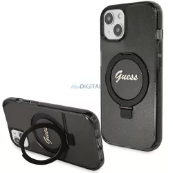   Guess GUHMP15MHRSGSK iPhone 15 Plus 6.7" fekete keménytok gyűrűs állvány Script Glitter MagSafe