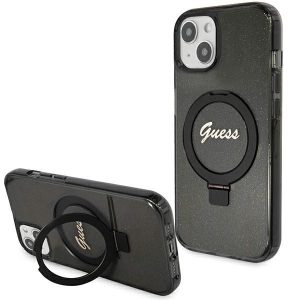 Guess GUHMP15MHRSGSK iPhone 15 Plus / 14 Plus 6.7" fekete keménytok gyűrűs állvány Script Glitter MagSafe