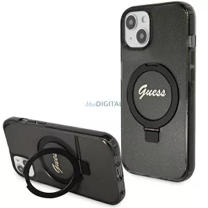 Guess GUHMP15MHRSGSK iPhone 15 Plus 6.7" fekete keménytok gyűrűs állvány Script Glitter MagSafe