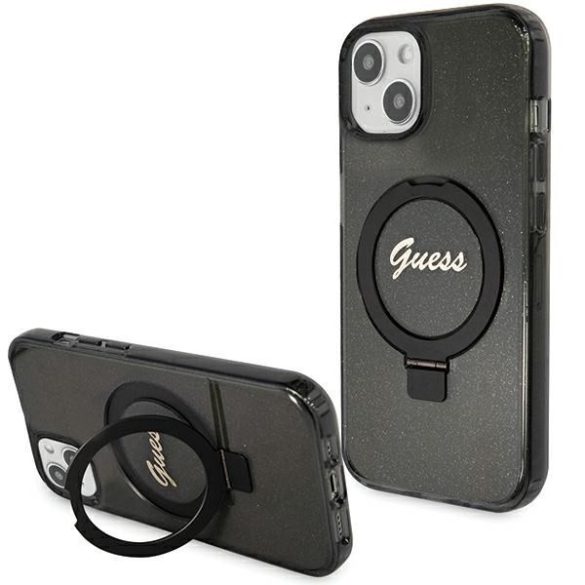 Guess GUHMP15MHRSGSK iPhone 15 Plus / 14 Plus 6.7" fekete keménytok gyűrűs állvány Script Glitter MagSafe