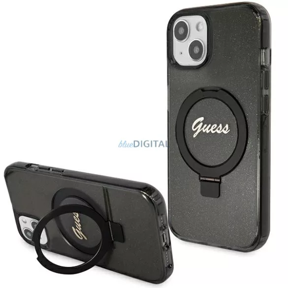 Guess GUHMP15MHRSGSK iPhone 15 Plus 6.7" fekete keménytok gyűrűs állvány Script Glitter MagSafe