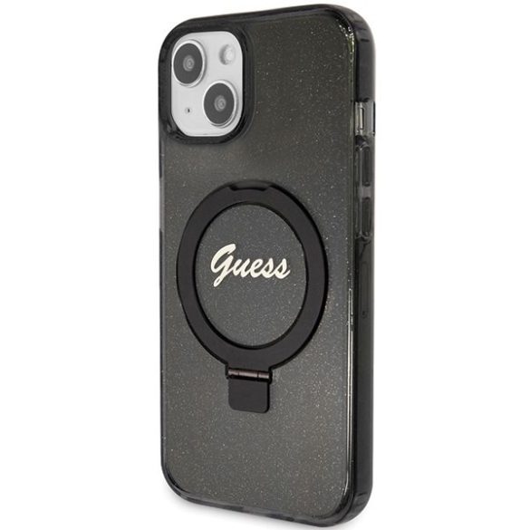 Guess GUHMP15MHRSGSK iPhone 15 Plus / 14 Plus 6.7" fekete keménytok gyűrűs állvány Script Glitter MagSafe