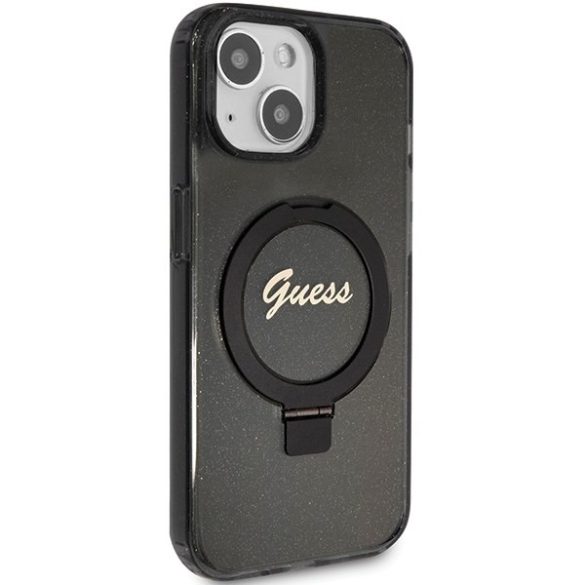 Guess GUHMP15MHRSGSK iPhone 15 Plus / 14 Plus 6.7" fekete keménytok gyűrűs állvány Script Glitter MagSafe