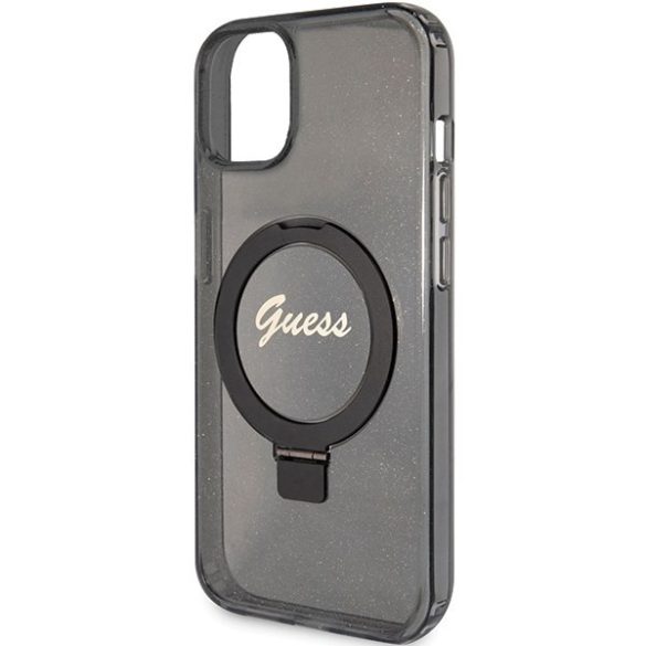 Guess GUHMP15MHRSGSK iPhone 15 Plus / 14 Plus 6.7" fekete keménytok gyűrűs állvány Script Glitter MagSafe