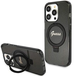 Guess GUHMP15LHRSGSK iPhone 15 Pro 6.1" fekete keménytok gyűrűs állvány Script Glitter MagSafe